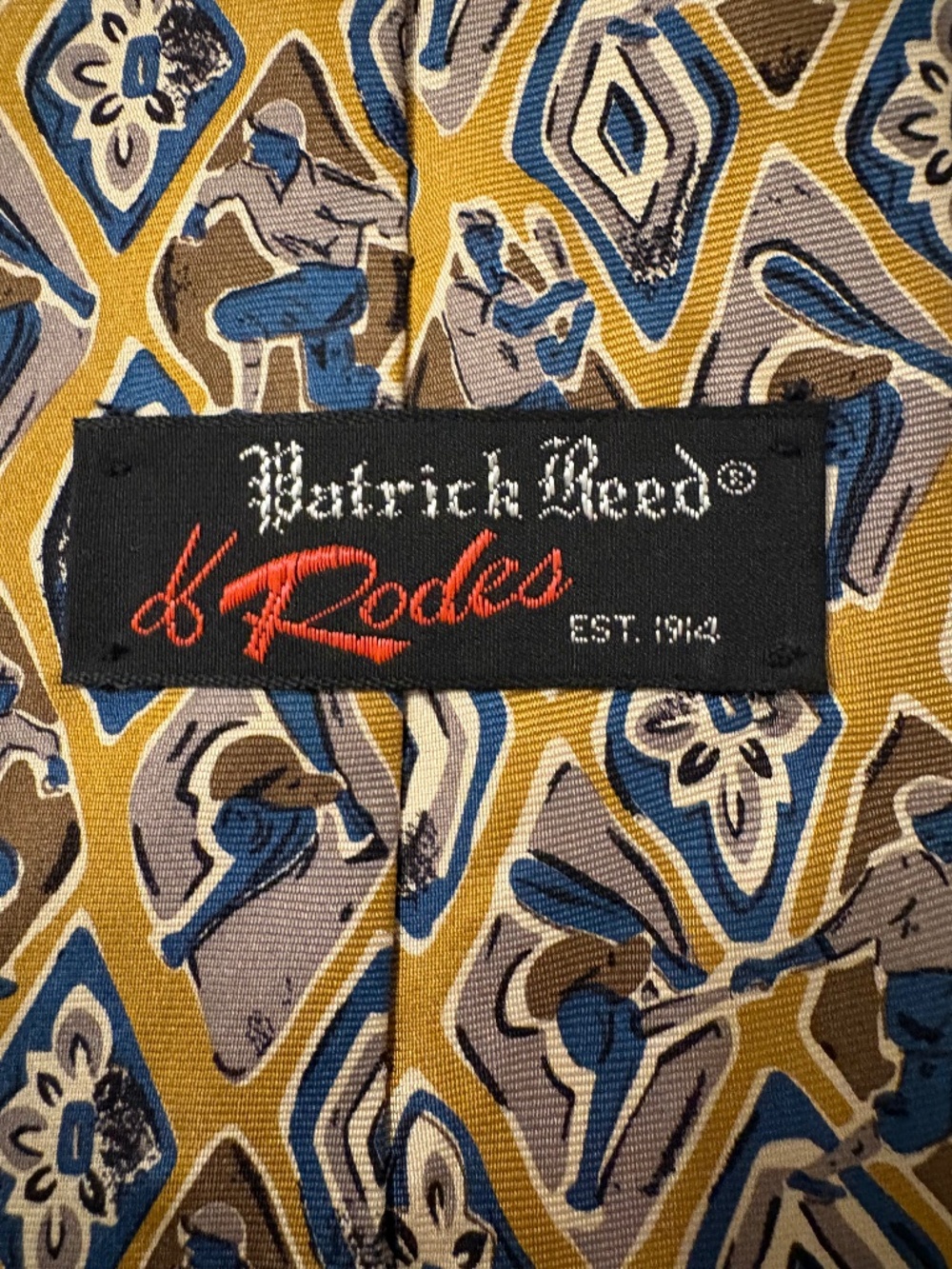 Vintage Patrick Reed 100% Silk Hidden Baseball Player Tie Gold Blue Geometric US